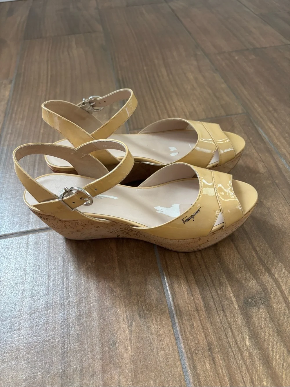 Salvatore Ferragamo Patent Leather My Sunset Cork Wedge Sandals Size 7.5 M
